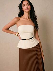 Poéselle Women's Solid Color Bandeau Top And Pleated Mini Skirt Elegant 2-Piece Set - Multicolor - View 4