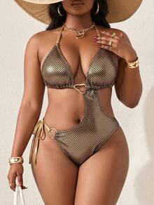 Slaydiva 2026 New Women's Spring/Summer Halter Metallic Sexy Plus Size One-Piece Swimsuit For Beach Gym - Gold - View 1