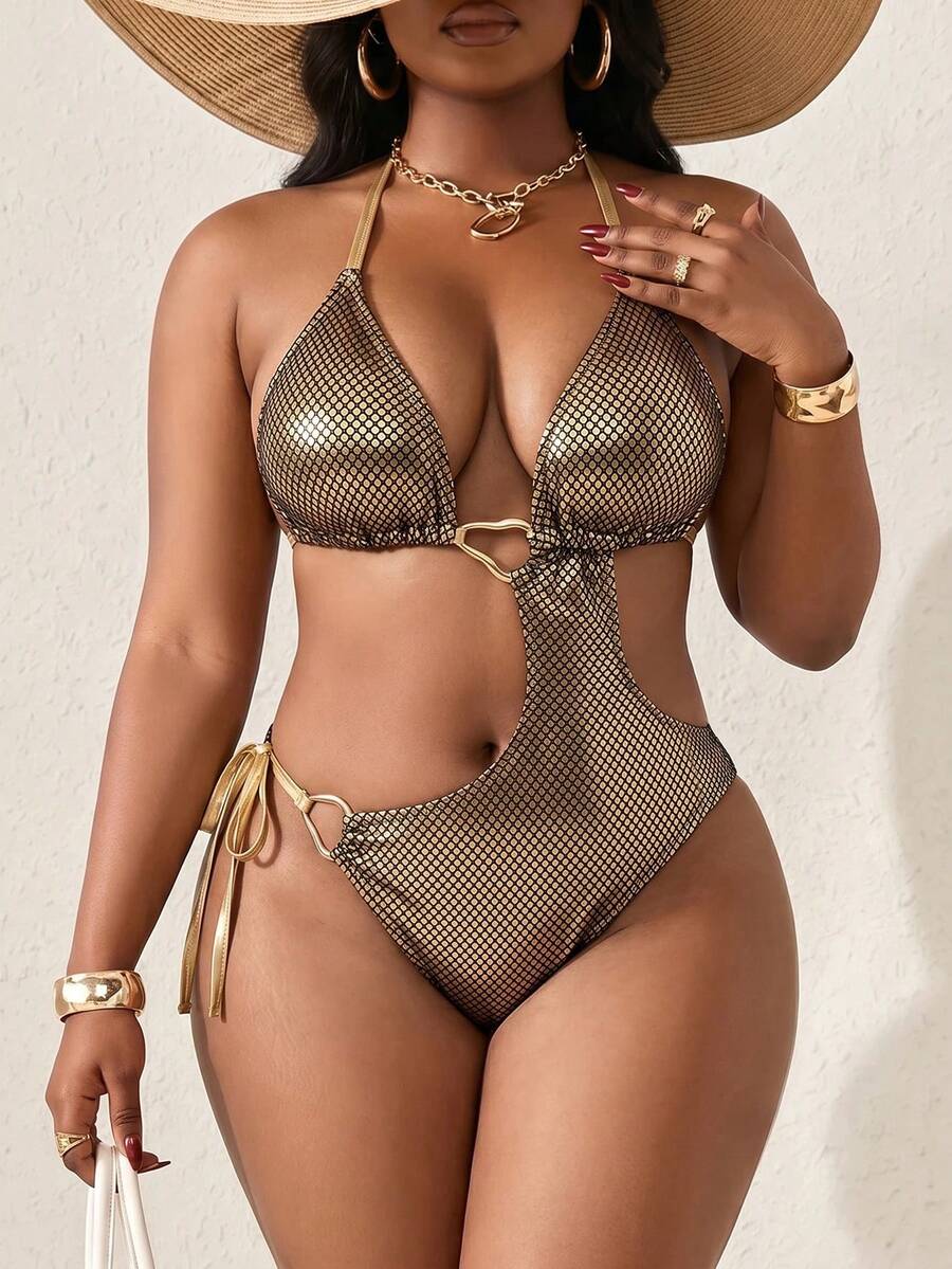 Slaydiva 2026 New Women's Spring/Summer Halter Metallic Sexy Plus Size One-Piece Swimsuit For Beach Gym - Gold - View 1