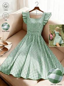 GlowEve Damen Kleid mit Glockenärmeln, rotem und weißem Karomuster, Schleifendetail am Rücken, A-Linie Taille schmeichelndes, elegantes Alltagskleid für Urlaub, Picknick, Party, Pendeln, Mode-Date, französischer Straßenstil, Retro, vielseitig, Frühling Sommer, Midi-Länge - Verschiedenfarbig - Übersicht 1
