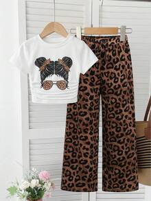 Young Girl Casual Vacation Printed Knit Ruched Short Sleeve Top And Matching Leopard Print Pants Set,Girls Spring/Summer - Multicolor - View 5