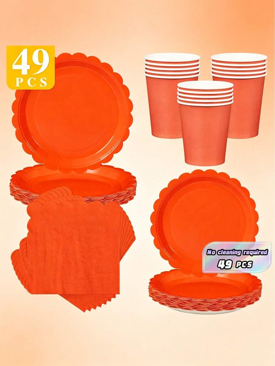 Bộ đĩa, khăn ăn và cốc dùng một lần màu cam đỏ họa tiết hoa, phục vụ 8 người. Bộ đồ dùng tiệc dùng một lần này (bao gồm đĩa, khăn ăn và cốc) rất phù hợp cho các bữa tiệc sinh nhật, đám cưới và dã ngoại gia đình. - Xem 1