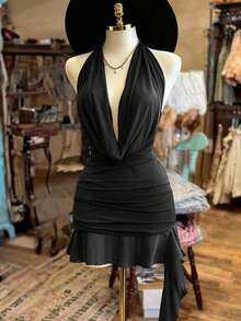 NostaNoir Halter Neck Backless Ruffle Hem Women's Dress - Black - View 3