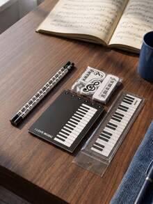 Joivida 1Pc/3Pcs Stationery Set, Holiday Event Gift, Piano Note Theme, Combo Including Pencils, Rulers, Erasers And Notebooks With Black-And-White Keyboard Patterns - Multicolor - View 7