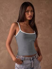 SHEIN BAE 夏季女士简约纯色滚边修身吊带背心 - 灰色 - 查看 6