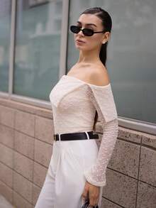 Andrea Bello 女士时尚纹理露肩褶饰修身长袖上衣 - 杏色 - 查看 5