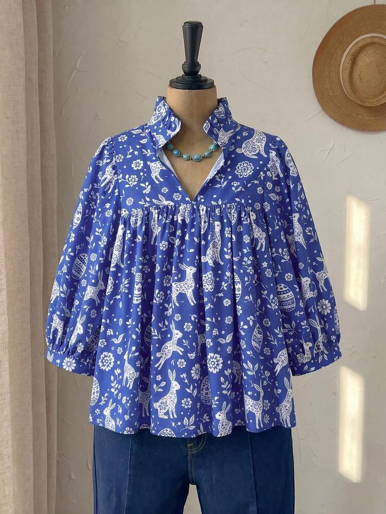 Plus Size Stand Collar Long Sleeve Pleated Full Print Casual Loose Ruffle Hem Blouse Summer Top Summer Outfit For Women Beach Outfit For Women
