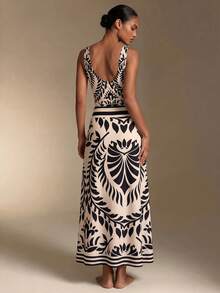 Swim Oasis Women's Elegant Black And White Botanical Print V-Neck One-Piece Swimsuit For Summer Beach Vacation With Beach Maxi Skirt - Multicolor - View 5