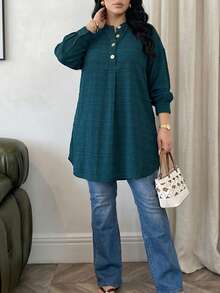 Solavon Plus Size Striped Texture Loose Long Shirt - Green - View 5