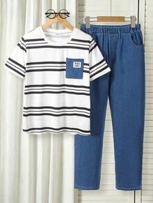 2pcs/Set Boys' Casual Striped T-Shirt With Denim Pocket Patchwork And Denim Casual Pants, Fashionable Outfit Suitable For Multiple Occasions - Medium Wash - View 3