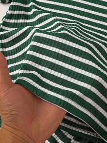 SHEIN Girls' Green Striped 2-Piece Set, Minimalist And Fresh Short Sleeve T-Shirt + Shorts Combo, Comfortable Casual Suitable For Daily Wear, Home, School - Green - View 7