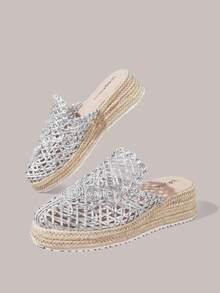 Styleloop Giày nữ đế xuồng cao gót dày, quai hậu màu bạc, kiểu dáng hở gót, thích hợp cho đi chơi, nghỉ mát, hẹn hò hàng ngày, đi biển, du lịch biển, phong cách thường ngày. - Bạc - Xem 8