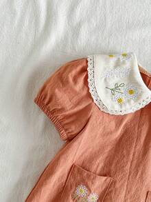 Vintaside Kids 新生女嬰花卉刺繡洋裝，鄉村風時尚優雅百搭可愛，春夏款柔軟面料 - 卡其色 - View 6