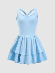 SHEIN 少女休闲运动纯色交叉露背无袖运动连衣裙 - 淺藍色 - 查看 3