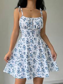 SHEIN Raffinéa Ladies' Spaghetti Strap Tie-Back Floral Print Pleated Cami Dress Mini Short Women Outfit - Blue and White - View 7