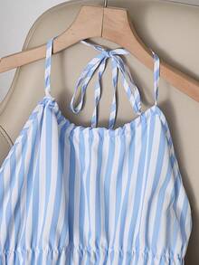 Franclia Nuevo conjunto de 2 piezas de shorts acampanados de talle alto a rayas azules de talla grande, conjunto informal de 2 piezas con top halter corto y shorts con volantes y espalda descubierta, conjunto informal y elegante de 2 piezas adecuado para viajes, ir al trabajo, vacaciones y citas - Azul - Ver 3