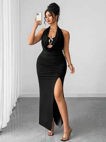 Elenzga Plus Size Women Sexy Deep V-Neck Draped Long Backless Dress Cocktail Black Summer - Black - View 6