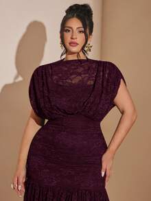 SHEIN BAE Plus Size Women Dark Purple Lace Dress Formal Wedding Winter Elegant - Red Violet - View 7