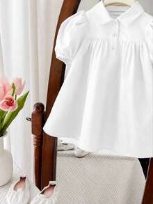 SHEIN LMoss Kids 女婴可爱短袖翻领连衣裙，夏季 - 白色 - 查看 6