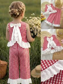 Emery Rose Kids Emery Rose Kids 2pcs Young Girl Woven Contrast Color Plaid Ruffle Trim Casual Vest And Pants Set - Red - View 1