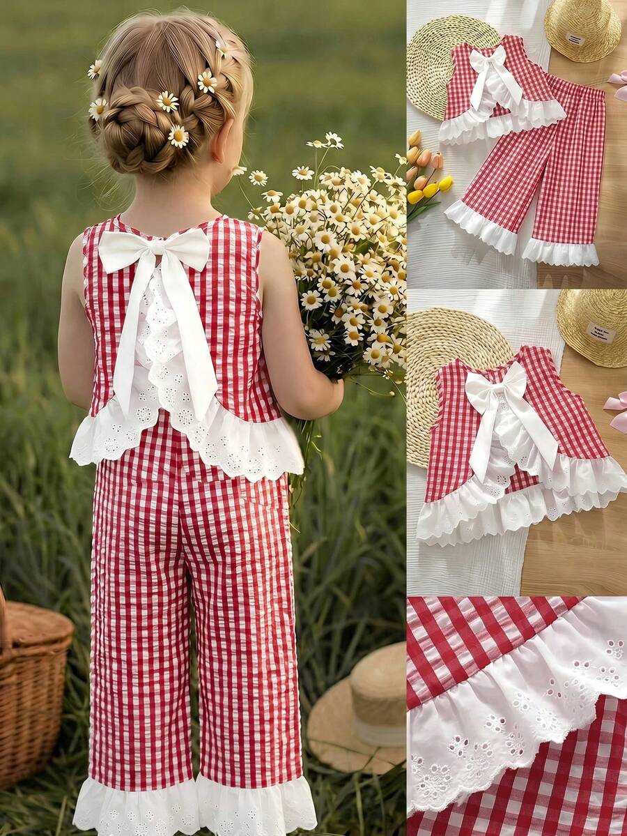 Emery Rose Kids Emery Rose Kids 2pcs Young Girl Woven Contrast Color Plaid Ruffle Trim Casual Vest And Pants Set - Red - View 1