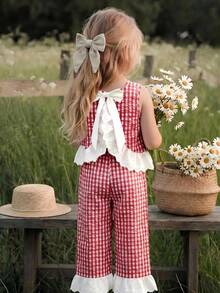 Emery Rose Kids Emery Rose Kids 2pcs Young Girl Woven Contrast Color Plaid Ruffle Trim Casual Vest And Pants Set - Red - View 3