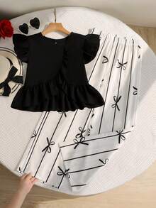 Set de 2 piezas Conjunto de verano para niñas con parte superior sin mangas con volantes en la espalda y pantalones con estampado de mariposas, casual y versátil, adecuado para vacaciones, salidas, compras, ir y venir - Negro - Ver 4