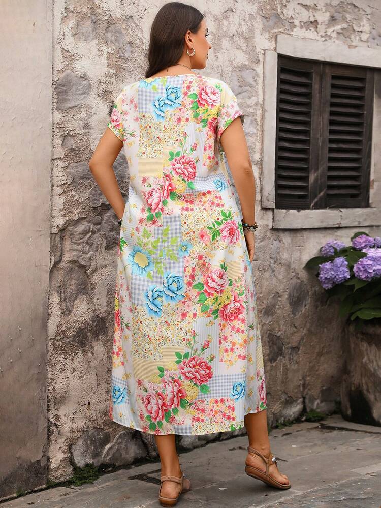 Plus Size Women Floral Print Round Neck Casual Dress
