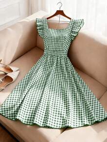 GlowEve Damen Kleid mit Glockenärmeln, rotem und weißem Karomuster, Schleifendetail am Rücken, A-Linie Taille schmeichelndes, elegantes Alltagskleid für Urlaub, Picknick, Party, Pendeln, Mode-Date, französischer Straßenstil, Retro, vielseitig, Frühling Sommer, Midi-Länge - Verschiedenfarbig - Übersicht 4