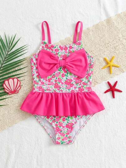 SHEIN Young Girls Floral Cute Swimsuit, Sports, Beach, Vacation, Swimming, Casual & Fun
