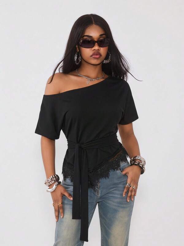 Coolane Summer Tops Streetwear Going Out Casual Y2K Fashion Knit Lace Patchwork Straps Waist-Cinched Black Asymmetrical Neck Short Sleeve T-Shirt , Black Lace Tops, Casual Blouses For Women, Summer Outfit For Women