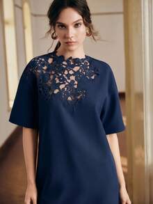 Anewsta Solid Color Loose Lace Patchwork Short Sleeve Straight Dress For Women - Navy Blue - View 6