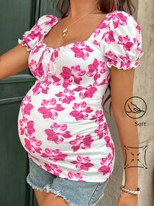 Lyckli Maternity Floral Print Short Sleeve T-Shirt - Pink - View 8
