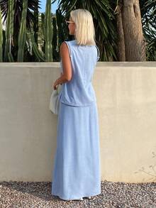 Livesso Spring Summer Aqua Blue Round Neck Sleeveless Solid Color Top Casual Minimalist Long Skirt Women's Two Pieces Set Vacation - Blue - View 2