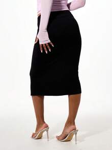 BABYPHAT Chân váy midi bằng vải jersey, cạp thấp, viền ren, dáng ôm sát và điểm nhấn logo. - màu đen - Xem 2