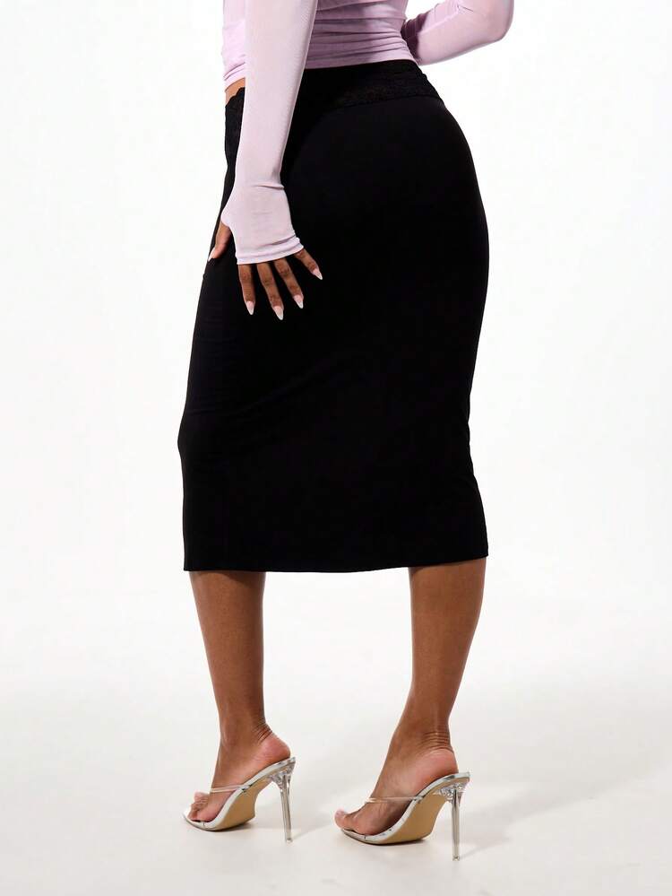 BABYPHAT Lace Trim Low Waist Jersey Midi Skirt With Bodycon Fit And Logo Detail
