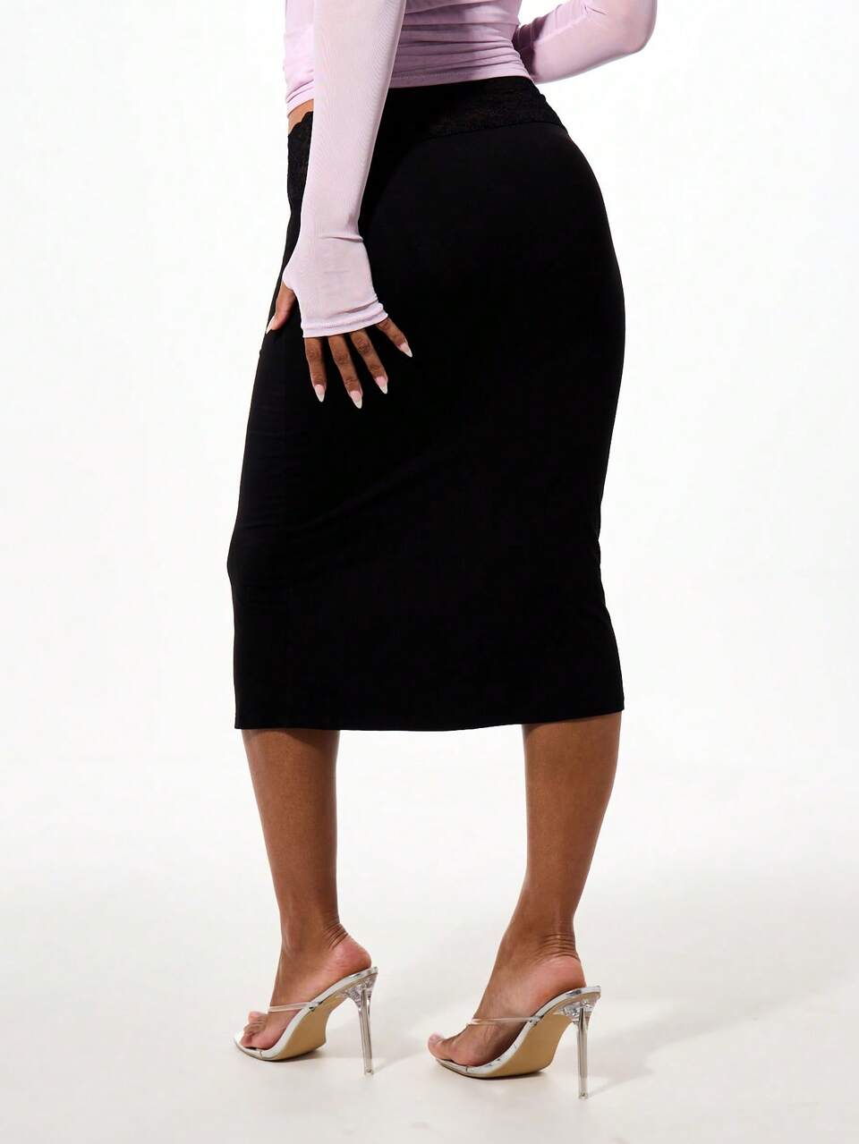 BABYPHAT Lace Trim Low Waist Jersey Midi Skirt With Bodycon Fit And Logo Detail