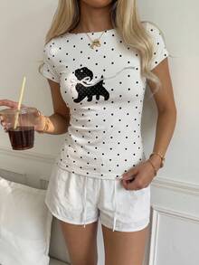 Comfortcana Áo thun ngắn tay trễ vai thắt nơ họa tiết chấm bi cún con phong cách tối giản gợi cảm 95% cotton, phù hợp cho mùa xuân & mùa hè, thiết kế sọc màu kem giúp bạn trông rạng rỡ hơn, áo top mùa hè phù hợp cho đi làm hàng ngày, hẹn hò, tụ tập, mùa xuân, mùa hè, Giáng sinh, Năm mới, Lễ Tạ ơn, tiệc, đám cưới, bãi biển, lễ tốt nghiệp, thời trang, thanh lịch, thường ngày, đi chơi, hẹn hò, đặt chỗ, đi làm, bóng bẩy, Ngày lễ Tình nhân, thanh lịch, kỳ nghỉ, thường ngày, Y2K, đi chơi, lễ tốt nghiệp, v.v. - Nhiều màu - Xem 5