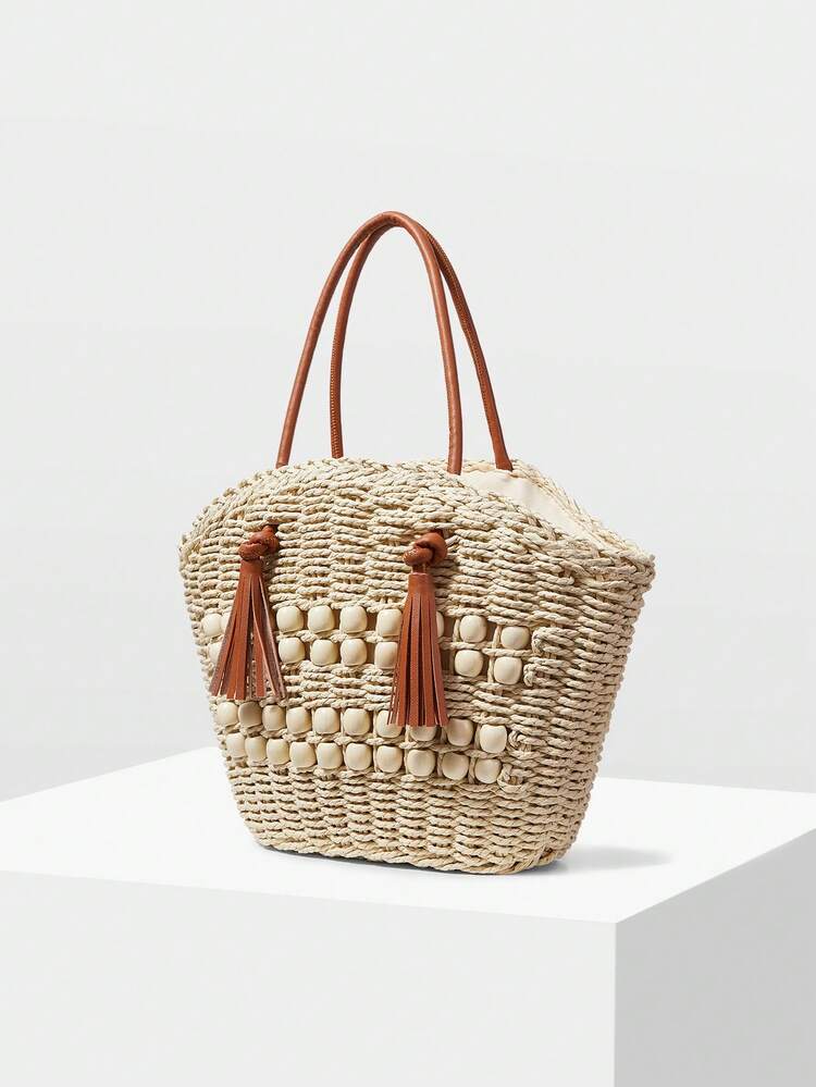 WOMEN'S TOTE BAG, CASUAL VACATION BEADED, WOVEN FRINGED SHOULDER BAG.