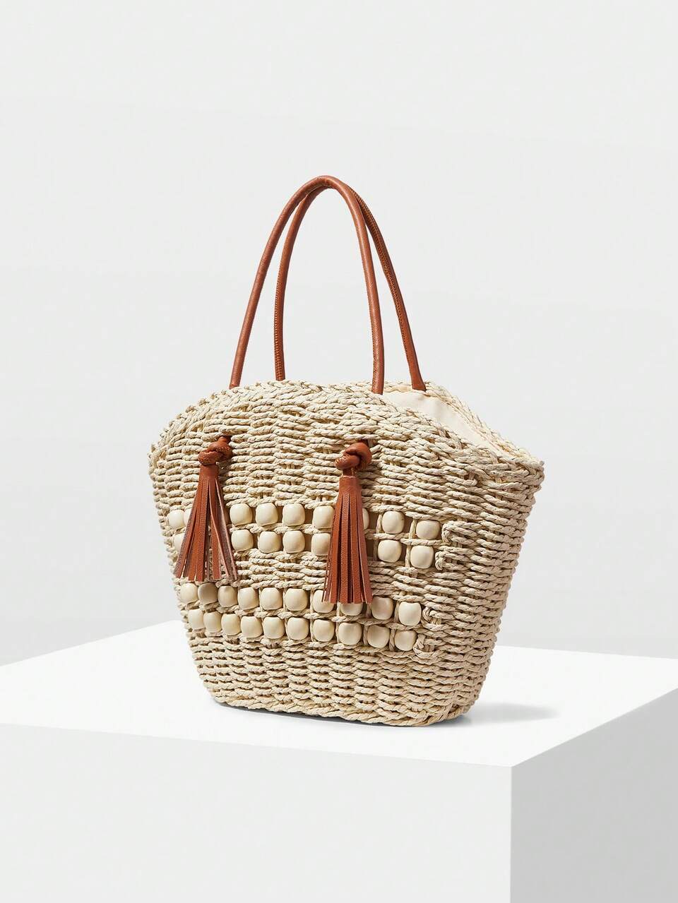 WOMEN'S TOTE BAG, CASUAL VACATION BEADED, WOVEN FRINGED SHOULDER BAG.