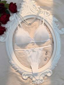Crystal Vow Bộ đồ lót nữ gợi cảm 2 món bằng satin Pháp và ren phối ren, cúp ngực tam giác. - trắng - Xem 5