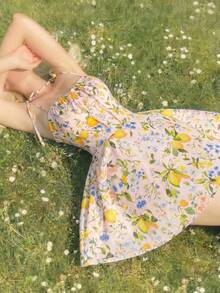 SHEIN MOD 柠檬度假花卉蝴蝶结吊带短裙 - 粉色 - 查看 3