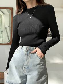 DAZY Mock Neck Ribbed Knit Jumper - Black - View 7