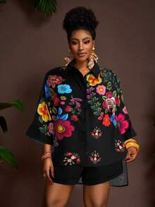 Veslaya 2025 Neue Frühling/Sommer Damen Große Größen Vintage Western/Tropical/Musik Festival/Club/Road Trip//Boho/Stadt/Straßen-/Eleganter Urlaubs 2-teiliges Set - Locker sitzende weiße Bluse mit Blume Muster und Kragen, Schulterausschnitt & Shorts mit elastischem Bund und weitem Bein - Schwarz - Übersicht 6