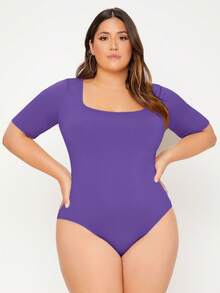 SHEIN BASICS 大码女式纯色方领短袖休闲连体衣 - 黃色 - 查看 5