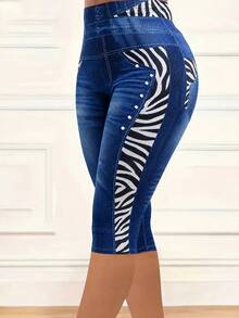 Ellevyn Quần legging nữ cạp cao hiệu ứng denim họa tiết ngựa vằn dài 7/8 - Màu xanh lam - Xem 8