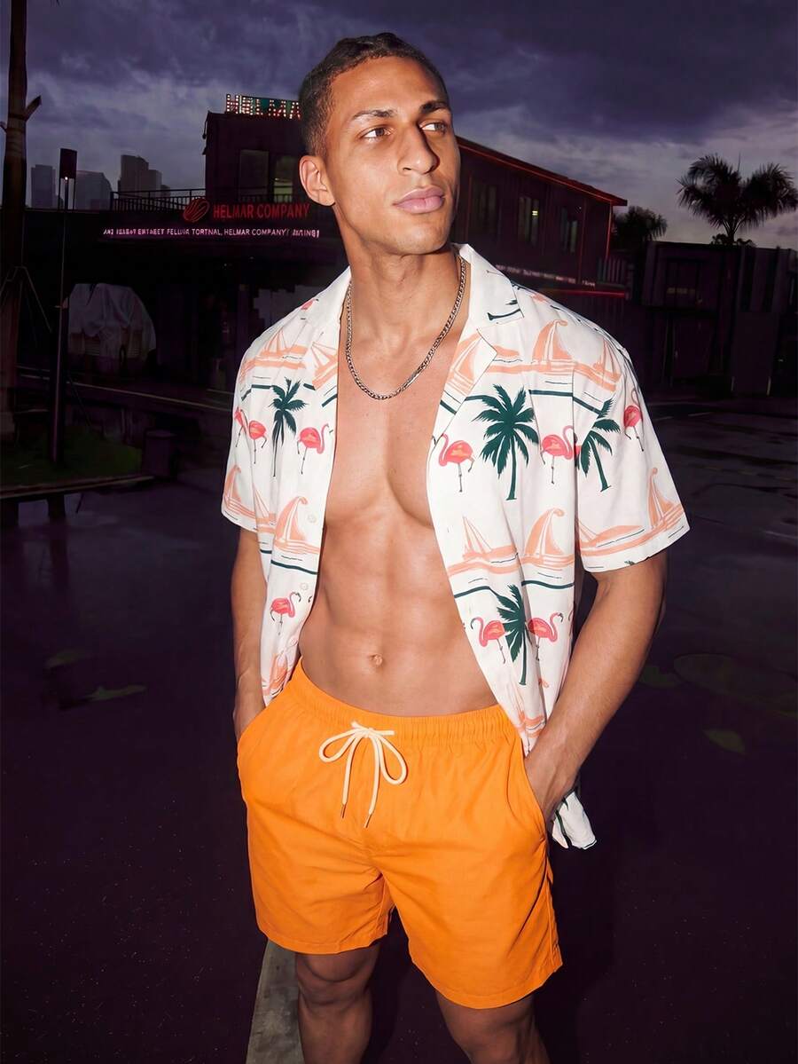 Manfinity KASUA Conjunto casual de playa para hombres con camisa de manga corta y pantalones cortos, minimalista y de moda para uso diario, bañador hawaiano - Naranja Coral - Ver 1