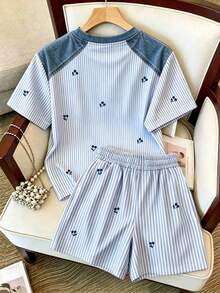 Franclia Women's Casual Striped Patchwork T-Shirt And Shorts 2 Pieces Set, Summer - Multicolor - View 2
