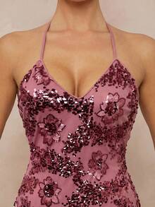 Lumalex Vestido con cuello de halter, cintura con lazo y dobladillo con flecos con detalles bordados y lentejuelas para mujer - Rosa - Ver 11
