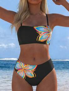 SHEIN Swim 女款印花素色優雅甜美性感平口高衩兩件式泳衣套裝 - 黑色 - 查看 3